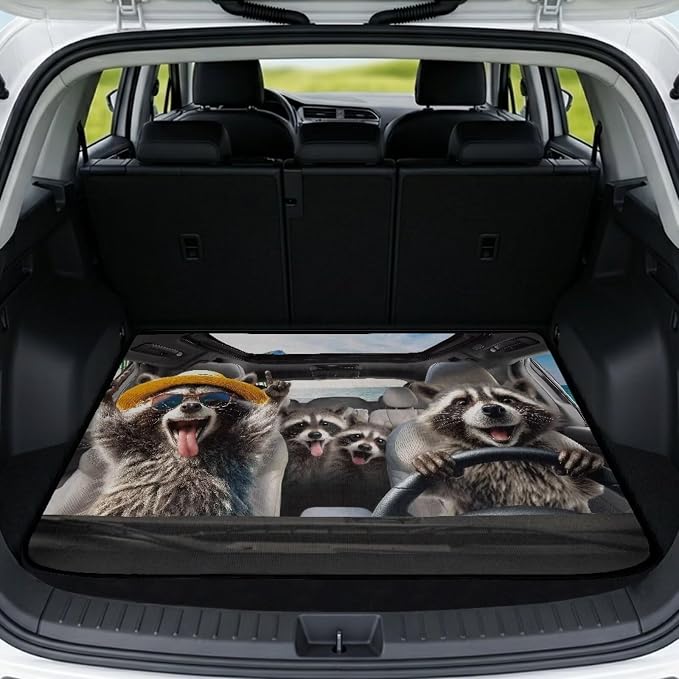 Funny Driving Raccoon Cargo Liners for Cars Funny Animal Trunk Mat Dustproof Rear Trunk Liner Vehicle Interior Accessories, Non Slip, Easy to Install