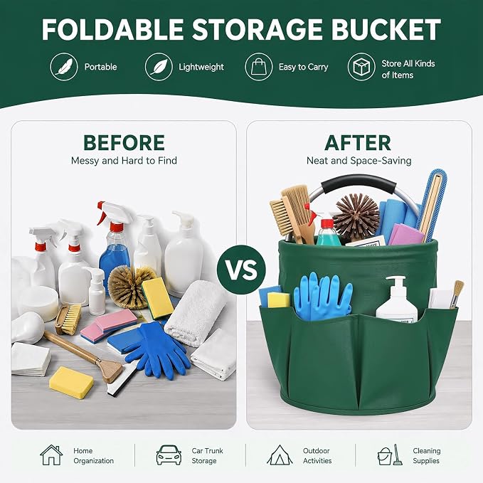 Cleaning Caddy with Handle, 17L Foldable Storage Basket, Heavy Duty 600D Oxford Cloth Organizer, Portable Supply Bag, Multi-Purpose Supplies Caddy for Home, Bathroom, Kitchen, Garden - dark green
