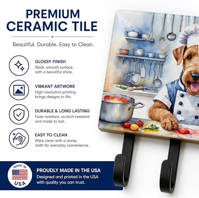 Caroline's Treasures Airedale Terrier The Chef Leash or Key Holder Wall Hooks, Key Hooks Holder, Coat Rack Wall Mount, Coat Hooks, Hooks for Hanging Keys, Towels, Aprons, Leashes | Airedale Terrier The Chef artwork on ceramic tile with three steel hook...