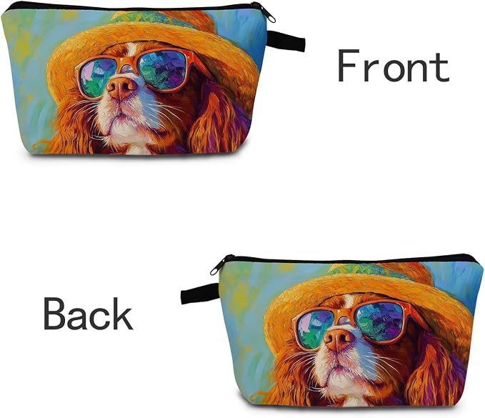Cavalier King Charles Spaniel Makeup Bag Vintage Oil Painting Style Adorable Dog with Straw Hat & Sunglasses Artistic Cosmetic Pouch for Dog Lovers Gift for Pet Enthusiasts