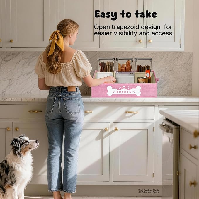 Dog Treat Container, Dogs Storage Organizer with Removable Dividers, Collapsible Dogs Treat Holder for Countertop, Trapezoid Pet Treats Containers, Dog Toy Basket with PU Handles, Medium, Pink
