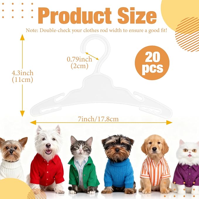 20 Pcs Dog Clothes Hangers 7 Inch White Plastic Pet Clothes Hangers with Non-Slip Clips, Cat Clothing Hangers, Pet Clothing Holders Coat Hangers for Small Pet Such as Dog & Cat Costumes