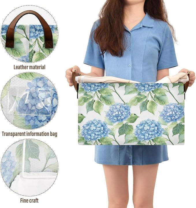 Watercolor Blue Hydrangea Flowers Storage Bins for Shelves with Labels&Handles Fabric Organizer Bin Foldable Rectangle Storage Basket Boxes for Closet, Bathroom, Home, Living Room