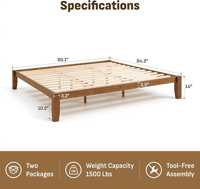 Softa Mikor King Japanese Joinery Bed Frame, Solid Rubberwood, 1500 Lbs Heavy Duty Slats Support, SGS Certified, 15Min No-Tool Setup, Under-Bed Storage, No Box Spring Needed, Noise-Free