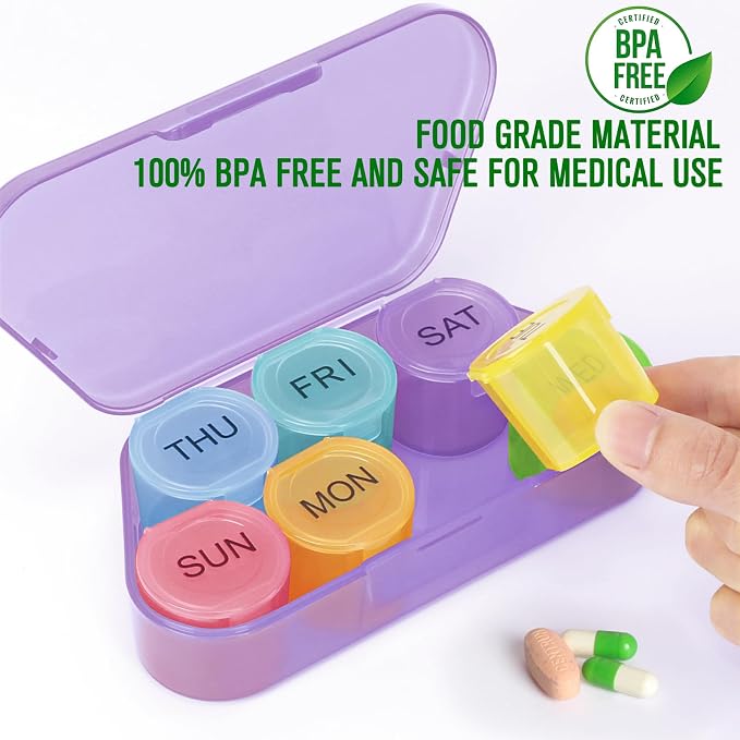 NatureTouch Weekly Pill Organizer, BPA Free Medicine Organizer Rainbow 7 Day Pill Box, Daily Portable Pill Conatainer for Pills/Vitamin/Fish Oil/Supplements [Lastest Version],Purple