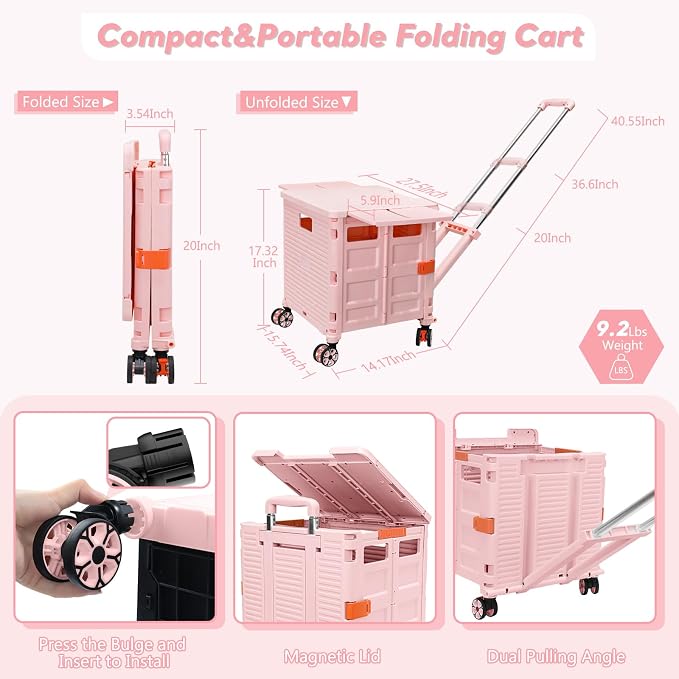 FELICON SELORSS Folding Utility Cart Portable Rolling Crate Handcart-Pink | Adjustable Handle+Extended Magnetic Lid,Storage Basket Box,4 Swivel Wheels Tote for Teacher Move Shop Travel Grocery Office