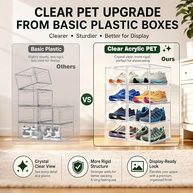 1 Pack Clear Acrylic Sneaker Boxes for Sneakers & High Tops,Fit Size 13 | 10.6 x 14.2 x 9.1 in deep narrow-front boxes for sneakers, athletic shoes and many high-top styles. Space saving storage