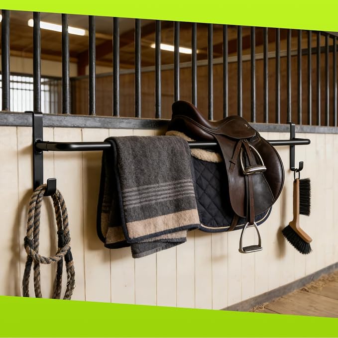 2Pcs Heavy Duty Horse Blanket Rack with Bridle Hooks | No-Drill Wall Mounted Portable Blanket Bar, Saddle Pad Rack for Horse Tack Storage, Ideal for Barn & Tack Room Use, Black