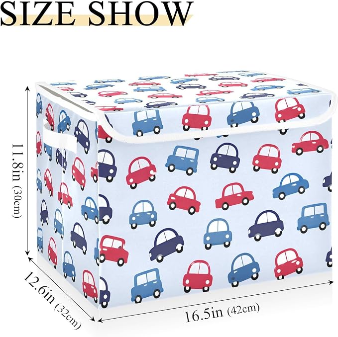 Storage Bins with Lid Toy Car Foldable Storage Boxes 40L Baskets | Decorative Storage Boxes, 300D Oxford Cloth, Hollow Board Frame, Flip Top Velcro Lid, 16.5x12.6x11.8 inch, Collapsible Design