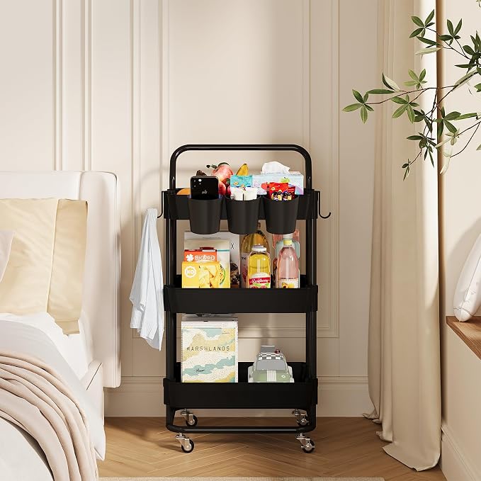 Buzowruil 3-Tier Rolling Utility Cart, Storage Cart with Handle Multi-Purpose and Locking Wheels,with Hanging Basket and Hook for Office, Kitchen, Bathroom,Black