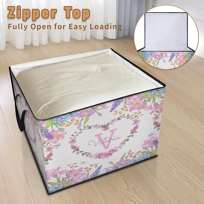 Personalized Large Storage Basket with Lid, Canvas Storage Bins Quilt Clothes Organizer for Bedroom, Kitchen, Bathroom, Nursery, Shelves, Closets, Colorful Blue Pink Spring Florals
