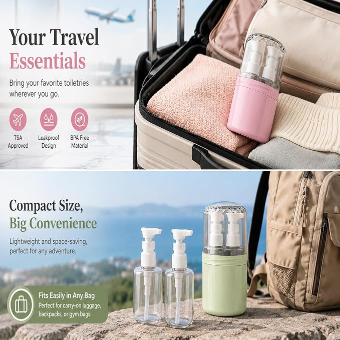 2-in-1 Travel Dispenser with 2 x 100 mL Bottles, Green | 2 refillable 100 mL bottles, pump , included label stickers, compact design for toiletries, travel, gym