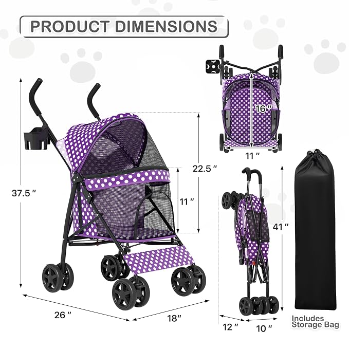 MoNiBloom Pet Stroller for Small/Medium Dogs and Cats, Purple Polka Dots | Foladble 4 Wheels Easy-Fold Puppy Cage Jogger Stroller with Sun Cover, Pad and Rear Storage Bag, Breathable and Visible Mesh