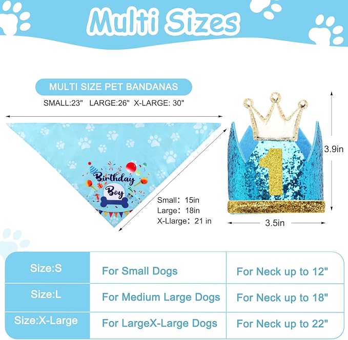 Rensh Dog Birthday Party Supplies, Dog Birthday Bandana Hat with Numbers for X-Large Large Small Pets, Multi Size Birthday Decorations for Dogs and Cats (Blue, Large)