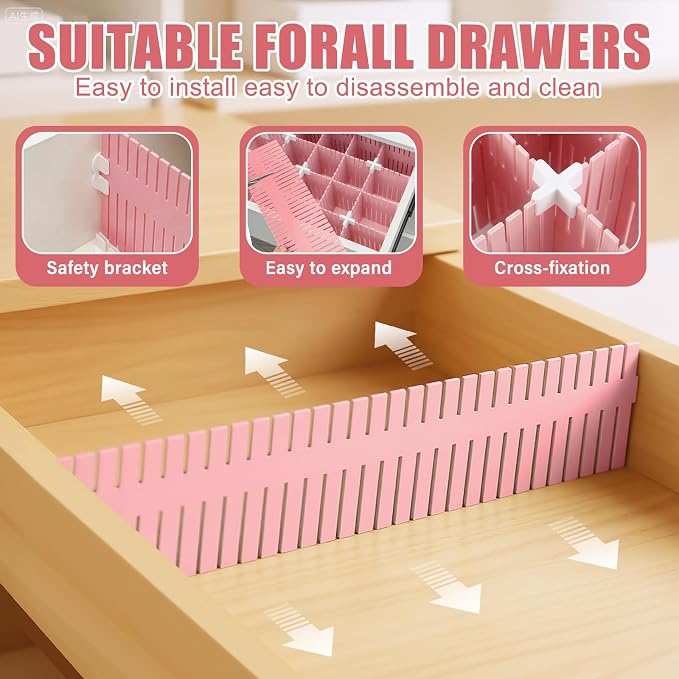 Blosssound 15 Pcs 5.12 Tall Drawer Divider Adjustable Drawer Organizer,Pink | DIY Ultra Deep Storage Organizer Separator with Fixed Buckle for Underwear Socks Dormitory Office Kitchen Bedroom