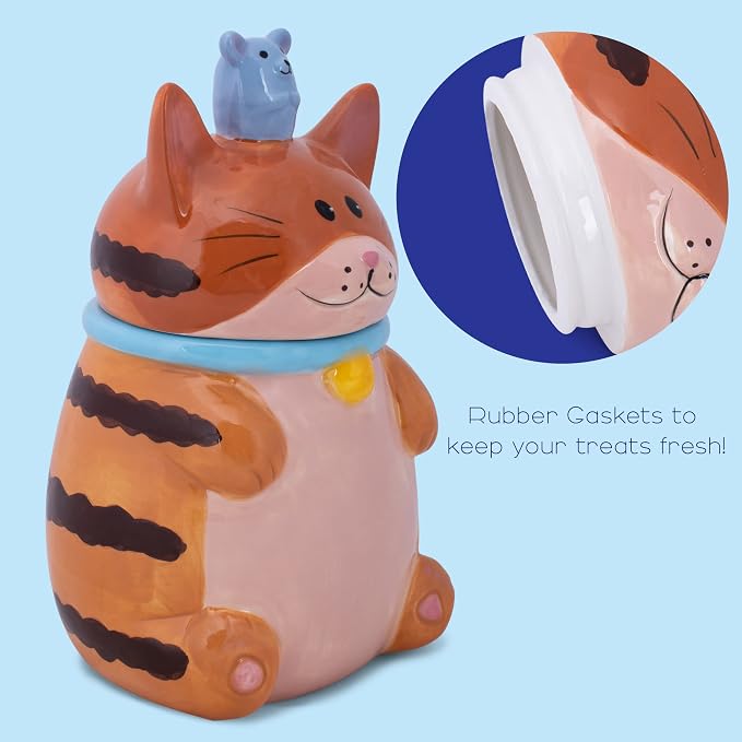 Dolomite Ceramic 10 x 6.3 Everyday Cookie & Candy Jar with Airtight Lid: Perfect for Kitchen Canisters, Pet Treat Containers & Decorative Storage, Orange Tabby Striped Cat and Mouse