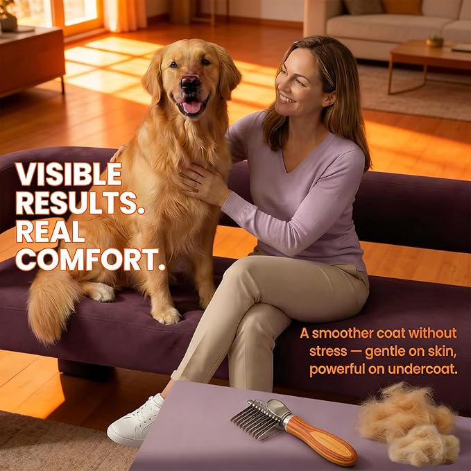 Dog Dematting Comb & Rake, Stainless Steel Pet Grooming Brush for Mats & Tangles, Gentle Undercoat Rake for Doodles, Poodles, Goldendoodles, Long/Short Haired Dogs & Cats, Non-Slip Wooden Handle