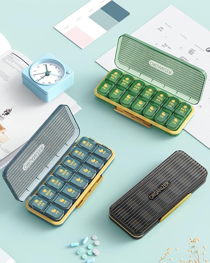 Acedada Pill Organizer 2 Times A Day, 7 Day Am Pm Pill Box, Black Grey | Weekly Pill Organizer Twice A Day, Portable Removable Daily Medicine Container Dispenser Case for Vitamin Fish Oil Supplement