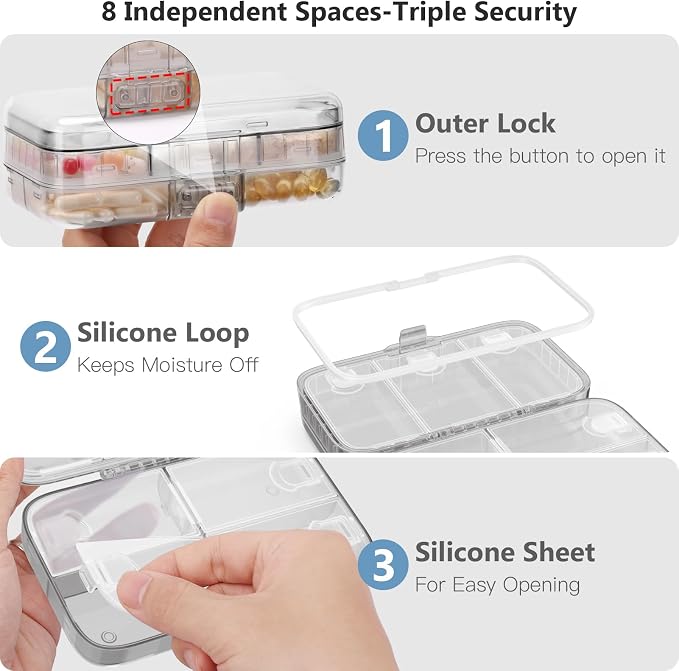 FYY Travel Pill Organizer, Large Weekly Medicine Pill Organizer-Grey | Airtight Moistureproof Medicine Case, Easy to Use, 8 Compartment Pill Box for Vitamins, Fish Oil, Supplements, Mini First Aid
