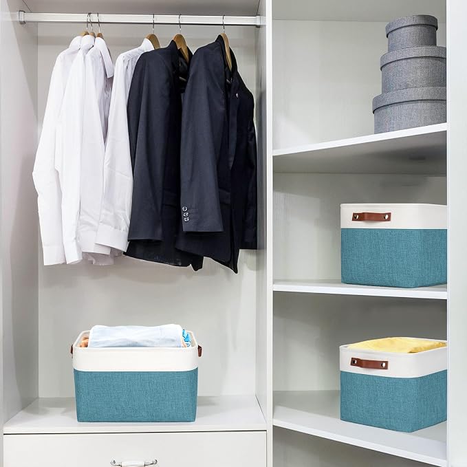 Bagnizer Storage Bins Large Fabric Storage Baskets for Shelves 3 Pack, Decorative Linen Closet Baskets with Handles for Organizing, Shelf, Clothes, Home, Office, 15x11x9.5Inches (Teal&White)