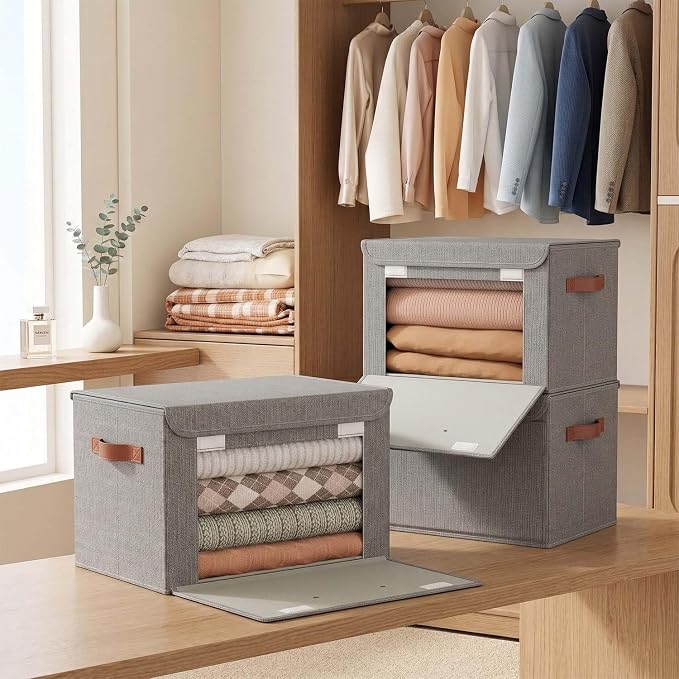 Tuza 4 Pack Storage Bins with Lids, Large Closet Storage Bins with Handles, Stackable Decorative Storage Boxes for Shelves Under Bed, Clothes Blankets Sweater Storage