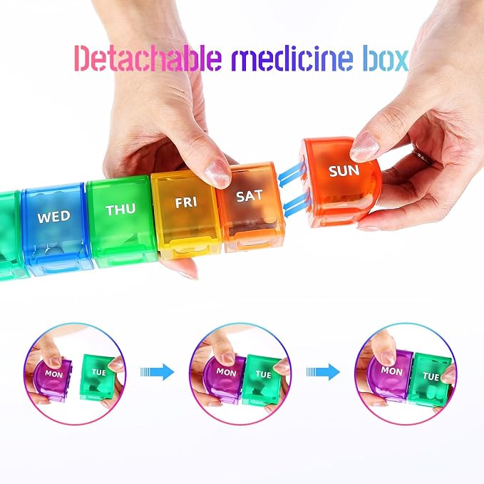 Weekly Pill Organizer Case, Large 7-Day Daily Pill Box Container | Colorful Portable Detachable Medicine Dispenser, Meds Reminder Holder for Medication, Vitamin, Fish Oil, Supplements, Capsule