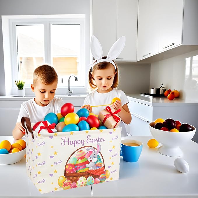 Easter Basket for Kid Large Empty Baby Rectangular Cute Easter Gift Storage Basket Bunny Eggs Décor (Rabbit Purple Bow Tie)