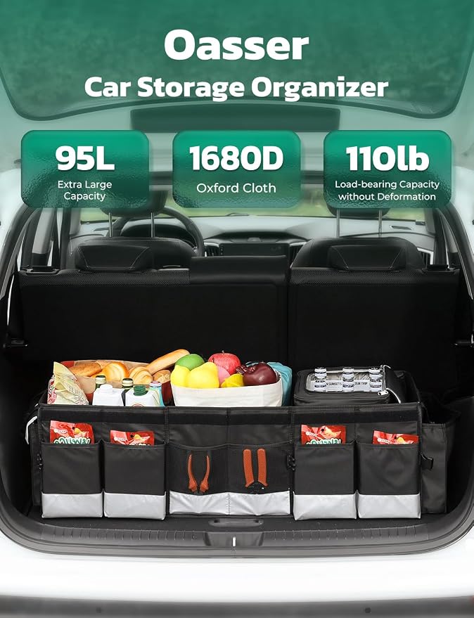 Oasser Trunk Organizer 95L with 20L Removable Cooler Bag for SUV | 4 Compartments, 9 Side Pockets, Foldable Lid, No Deformation, 1680D, Non Slip Bottom, 2 Adjustable Straps, Reflective Strip