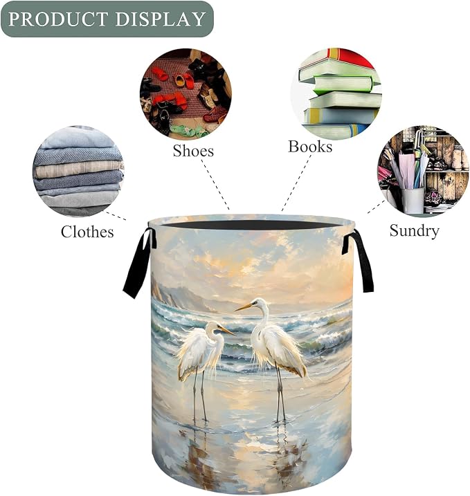 Elegant Great Egret Laundry Basket Hamper, Organizer Bins Gifts for Women Kids, Coastal Bird Foldable Waterproof Clothes Hamper Handles Storage Bucket for Bedroom Bathroom Room Decor 19.7"x15.7"