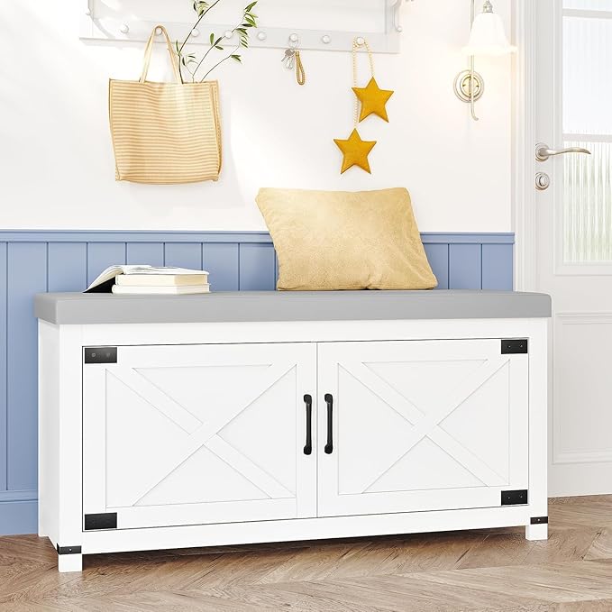 Hzuaneri 39.4" Shoe Storage Bench, with Soft Padded Seat Cushion & Doors | 2 Tier Entryway Storage Bench with Adjustable Shelf, Farmhouse Shoe Cabinet for Living room, Bedroom, White SB26603GY