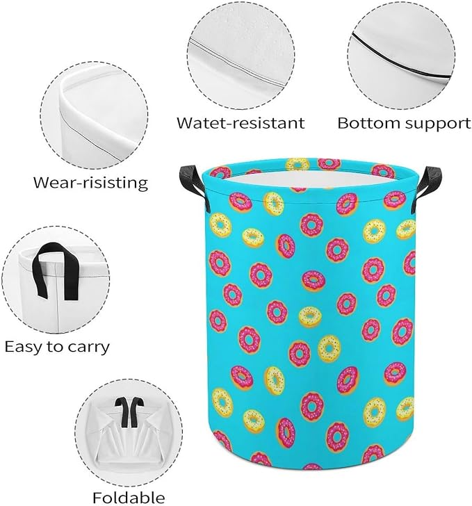Large Laundry Hamper with Handles Donut Food Pattern, Collapsible Waterproof Basket for Clothing, Toys, and Home Storage Needs