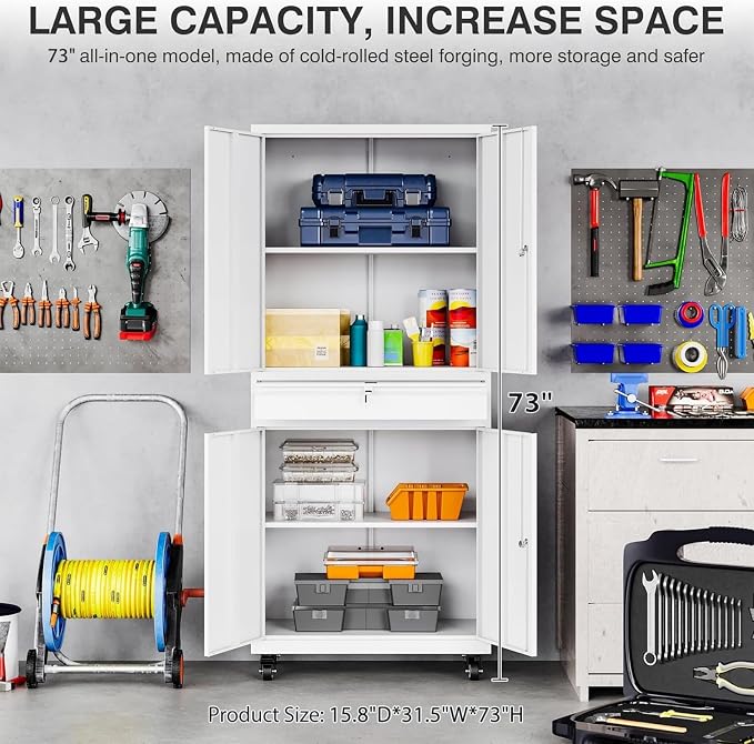 White Metal Storage Cabinet with Wheels and Drawer,Rolling Garage Cabinet with Locking Doors and Adjustable Shelves,73" Mobile Tall Large Metal Cabinets for Home,Office,Garage,Shop