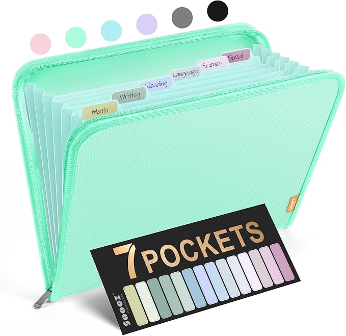 Sooez 7 Pockets Accordion File Organizer, Zipper Expanding File Folder A4 | Reinforced Plastic Accordion Folder Organizer, A4 Letter Size, Portable Folders for Documents, School Office Supplies, Green