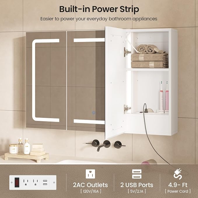 Medicine Cabinet Organizer with Mirror, Lighted Bathroom Medicine Cabinet with Storage, 3 Doors Bathroom Wall Cabinet with LED Lights, Adjustable Shelves & Outlets, 35.4'' x 23.6'', White
