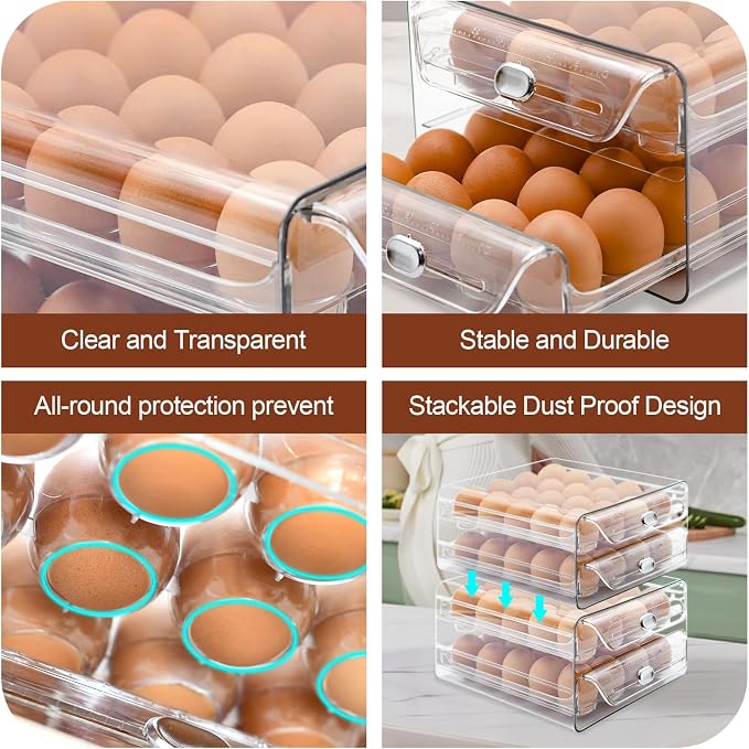 2 Tier Egg Holder for Refrigerator, 40 Eggs Clear Drawer Organizer | Clear Stackable Holder Tray with Drawer for Fridge, Storage Container with Handles for Refrigerator, Countertop, Kitchen