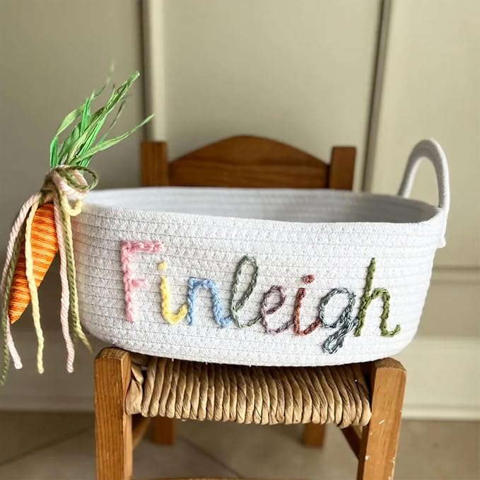 Personalized Cute Small Woven Basket with Handles, Custom Cotton Rope Room Shelf Storage Basket, Empty Decorative Gift Basket, Decorative Round Bin for Nursery Bedroom Bathroom (Style C)