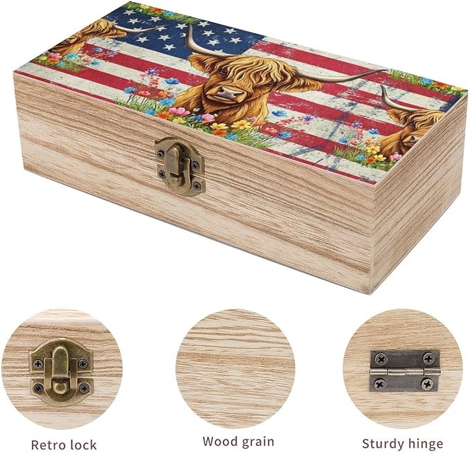 Wooden Keepsake Box for Letter Photo Gift Boxes with Hinged Lid, American | Flag Highland Cow Jewellery Organizer, Small Memory Storage Boxes, Holiday Party Favor Decor