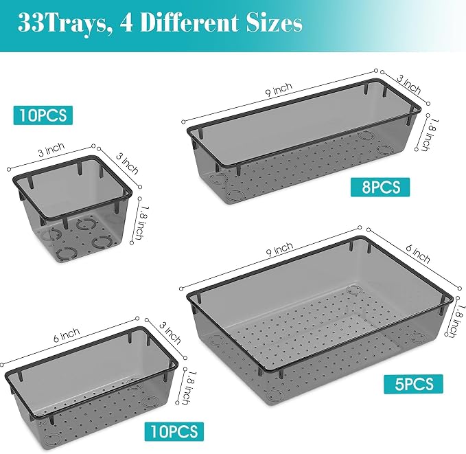 33 PCS Plastic Drawer Organizers Set, 4 Size Desk Drawer Organizer Trays | 4 Size Desk Drawer Organizer Trays for Makeup, Jewelry, Kitchen Utensils, Gadgets and Office