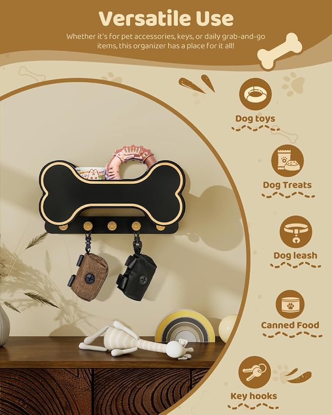 MTERSN Cute Dog Leash Holder for Wall for Dog Stuff Organizer, Black