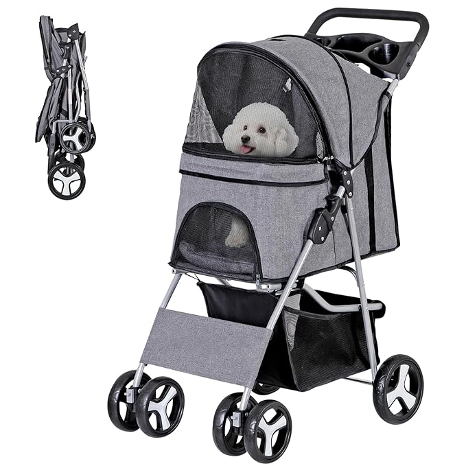 ZENY Foldable Pet Stroller, Cat/Dog Stroller with 4 Wheels | Pet Travel Carrier Strolling Cart with Storage Basket, Cup Holder (Grey)