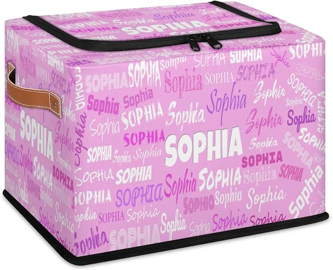 Custom Name Storage Bin with Lid Zipper, Personalized Pink Rectangular Storage Basket with Handles for Organizing Boys Girls Toys Office Closet Shelf Baskets