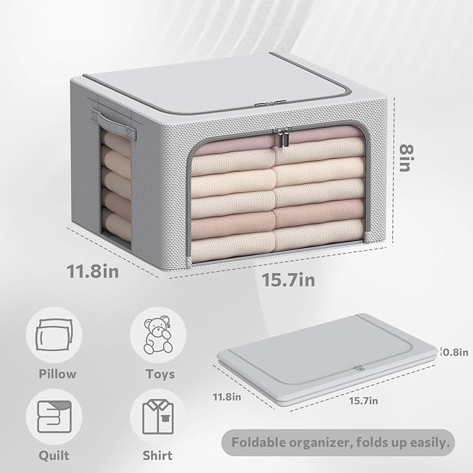 CYhom 3Pack Frame Storage Box - Clothes Storage Bin Bags Oxford Fabric Foldable Stackable Container Organizer Set with Clear Window & Carry Handles Large Capacity (Grey, Small-22L)