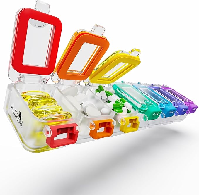 Fullicon Moisture Proof Pill Organizer 7 Day, Pill Box, Rainbow Clear | Each Compartment Holds Up to 40 Small or 15 Large Capsules, 10 Tablets, or 9 Fish Oils, Spill Proof, Color Coded, BPA Free