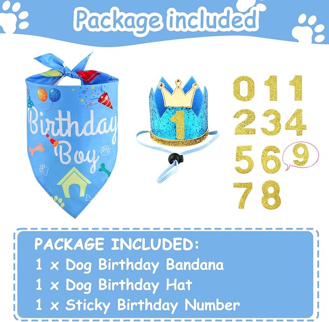 Rensh Dog Birthday Party Supplies, Dog Birthday Bandana Hat with Numbers for X-Large Large Small Pets, Multi Size Birthday Decorations for Dogs and Cats (Blue, Small)