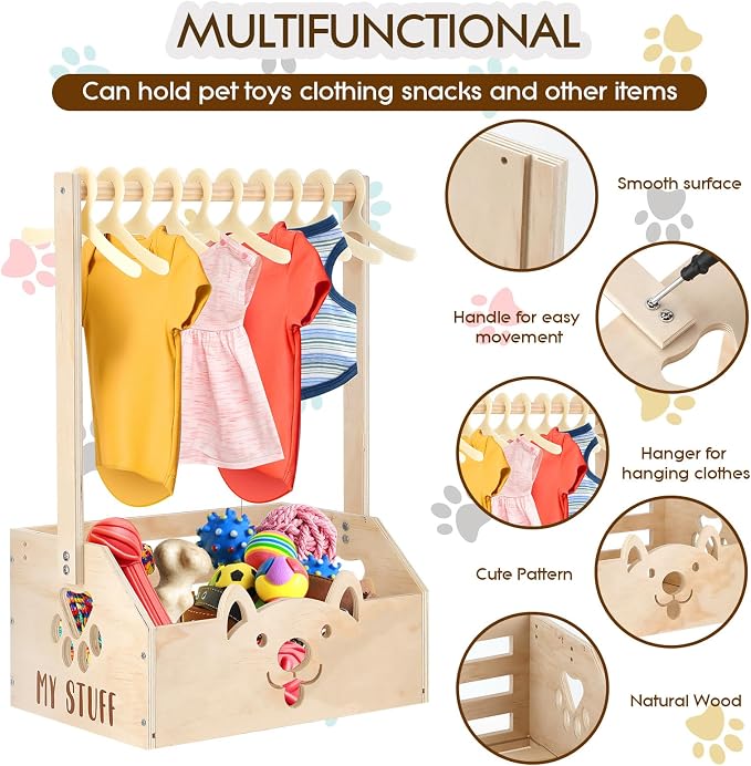 Chunful Dog Closet Wardrobe, Storage Bin, 5 Hangers, Wooden,Wood Color | Organize Pet Clothes and Toys, For Small Dogs and Cats, Includes Wardrobe Rack and Storage Box, Natural Wood, 19"x13"x9"