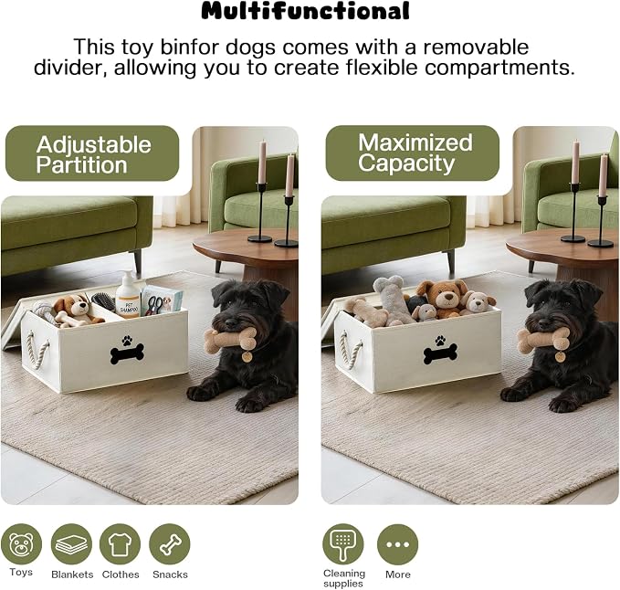 Dog Toy Basket with Double-Open Lid, Divided Dogs Basket for Toys, Collapsible Pet Toy Box, Dog Storage Organizer with 2 Divided Area, Puppy Toys Baskets with Rope Handles, Beige