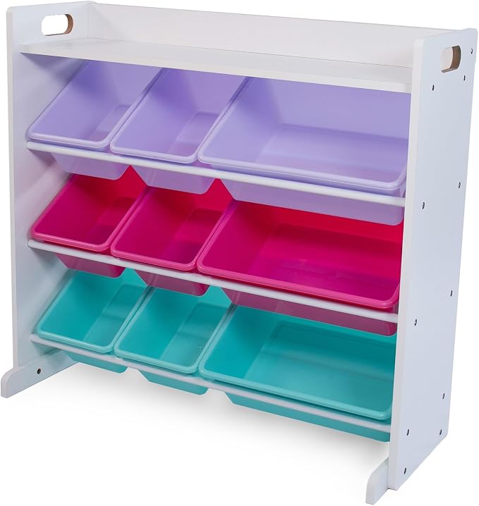 Humble Crew Kids Toy Organizer with Display Shelf, 9 Bins, 3 Tier Storage | Sturdy wood and steel toddler shelf, removable BPA-free containers, wall anchor anti-tip safety kit for bedroom or classroom