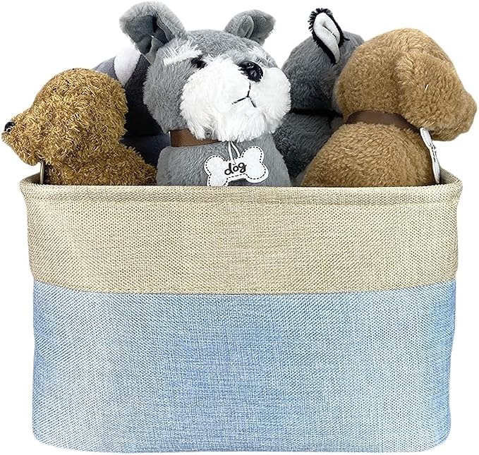 Personalized Fabric Dog Toy Storage Basket with Lovely Dog Yorkie Collapsible Sturdy Fabric Pet Toys Storage Bin Cube with Handles for Organizing, Blue amd White