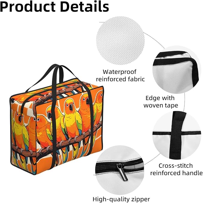 Foldable Reusable Tote Bag Orange Parrots Tropical Bird, Large Capacity Waterproof Oxford Fabric Shopping Tote for Grocery and Travel Camping