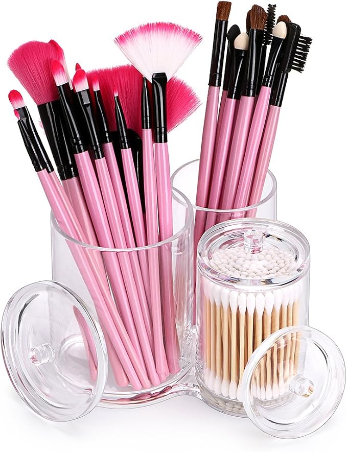 Hipiwe Clear Acrylic Cotton Swab Holder Cotton Round Container, 3 Slots | Cotton Pad and Ball Q-tip Organizer Case for Makeup Brush, Bathroom Apothecary Jar with Lid
